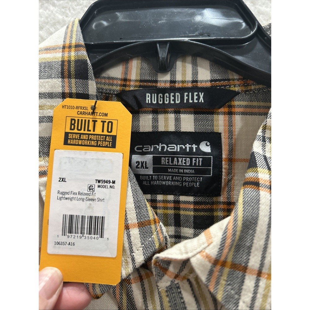Carhartt Men's Rugged Flex Relaxed Fit Lightweight Long Plaid Shirt Cream/Orang - Picture 3 of 9
